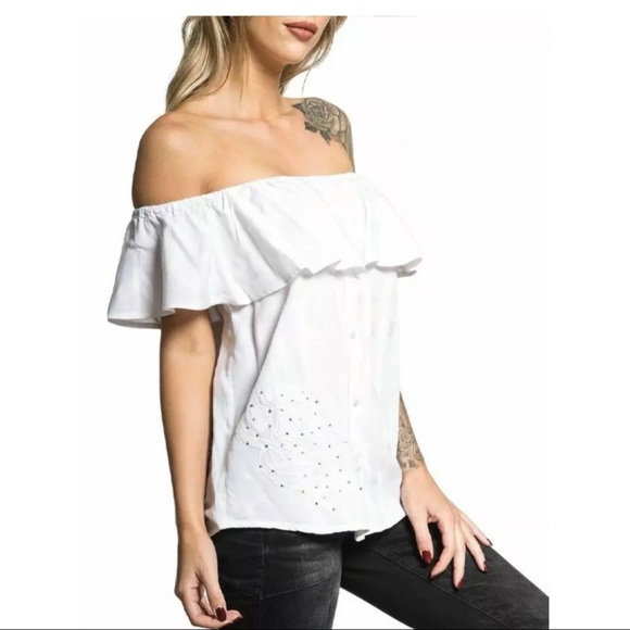 Affliction Sydney Rose Rhinestone Women’s s Off Shoulder Button Up Ruffle Top Wh - Picture 5 of 6
